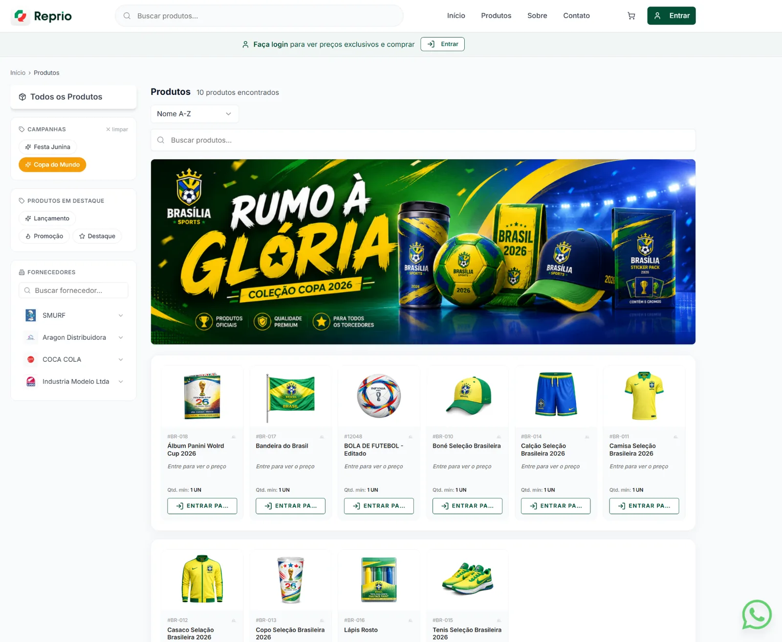 Portal B2B Reprio com catálogo de produtos, campanha em destaque e filtros por fornecedor