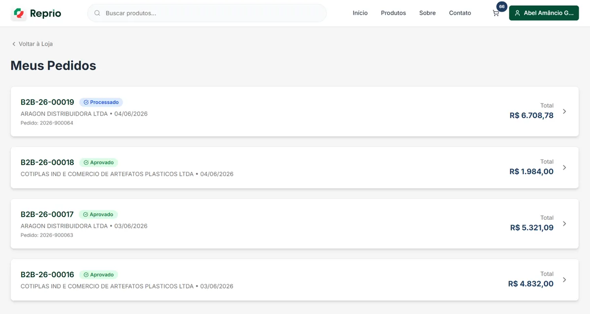 Tela 'Meus Pedidos' do Portal B2B Reprio com lista de pedidos, status (Aprovado, Processado) e valores totais