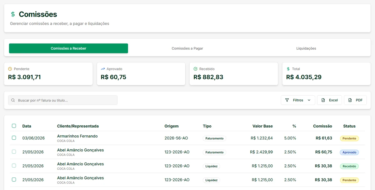 Tela do Reprio Gestão — Comissões a Receber